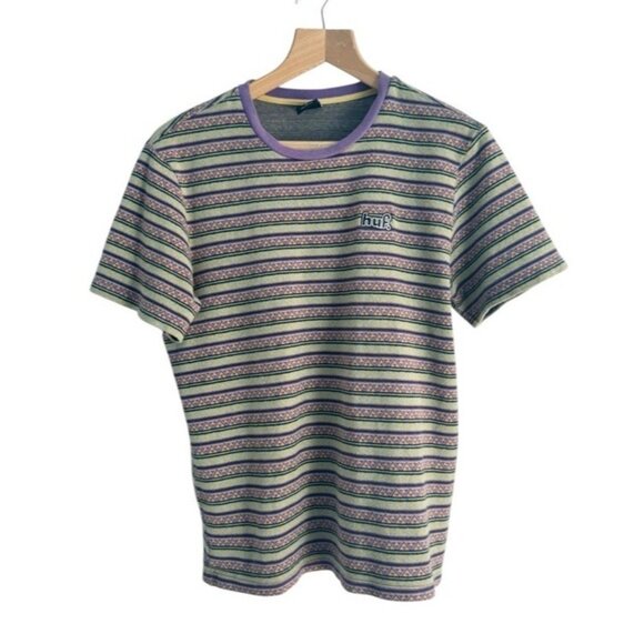 HUF Brand Men's Sz M Allen Knit Top Short Sleeve T-Shirt Green & Purple Striped - Picture 3 of 10